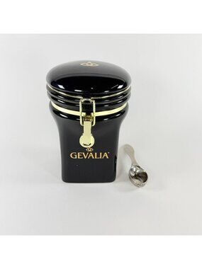 Gevalia Black Coffee Canister W/Gold Locking Lid Stainless Steel Measuring Spoon